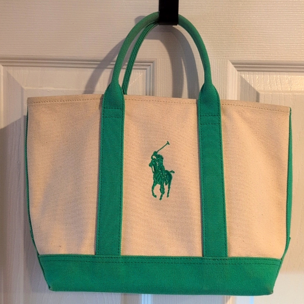 Ralph Lauren Cream Canvas Tote with Green Trim and Pony Logo